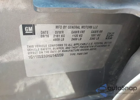 2017 Chevrolet Impala 1Lt from USA, damaged, VIN 1G1105S30HU142239